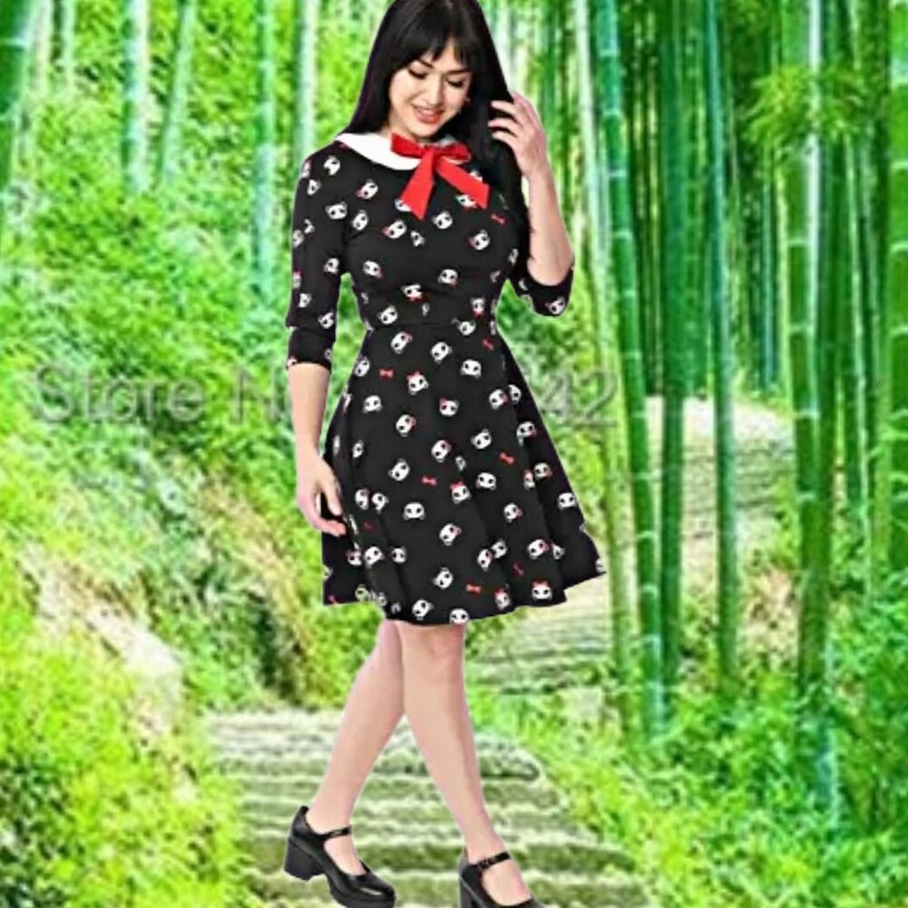 Unique Vintage Panda Print Midi Dress Fit & Flare Peter Pan Collar Wednesday XL